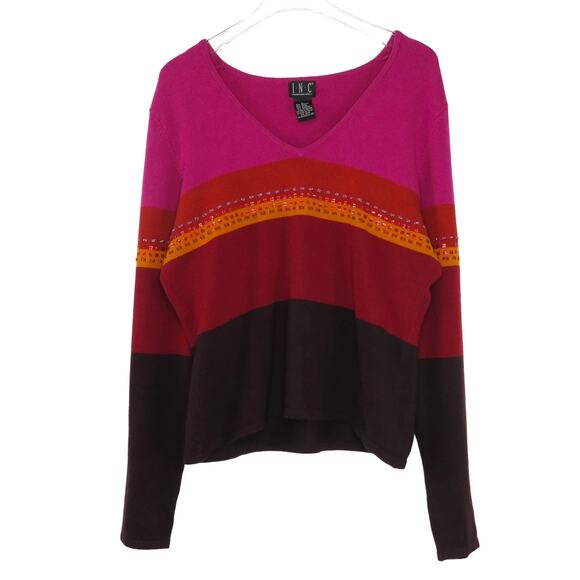 1990s Vintage Inc Pink Striped Colorblock Beaded V-Neck Sweater Large - Picture 4 of 7